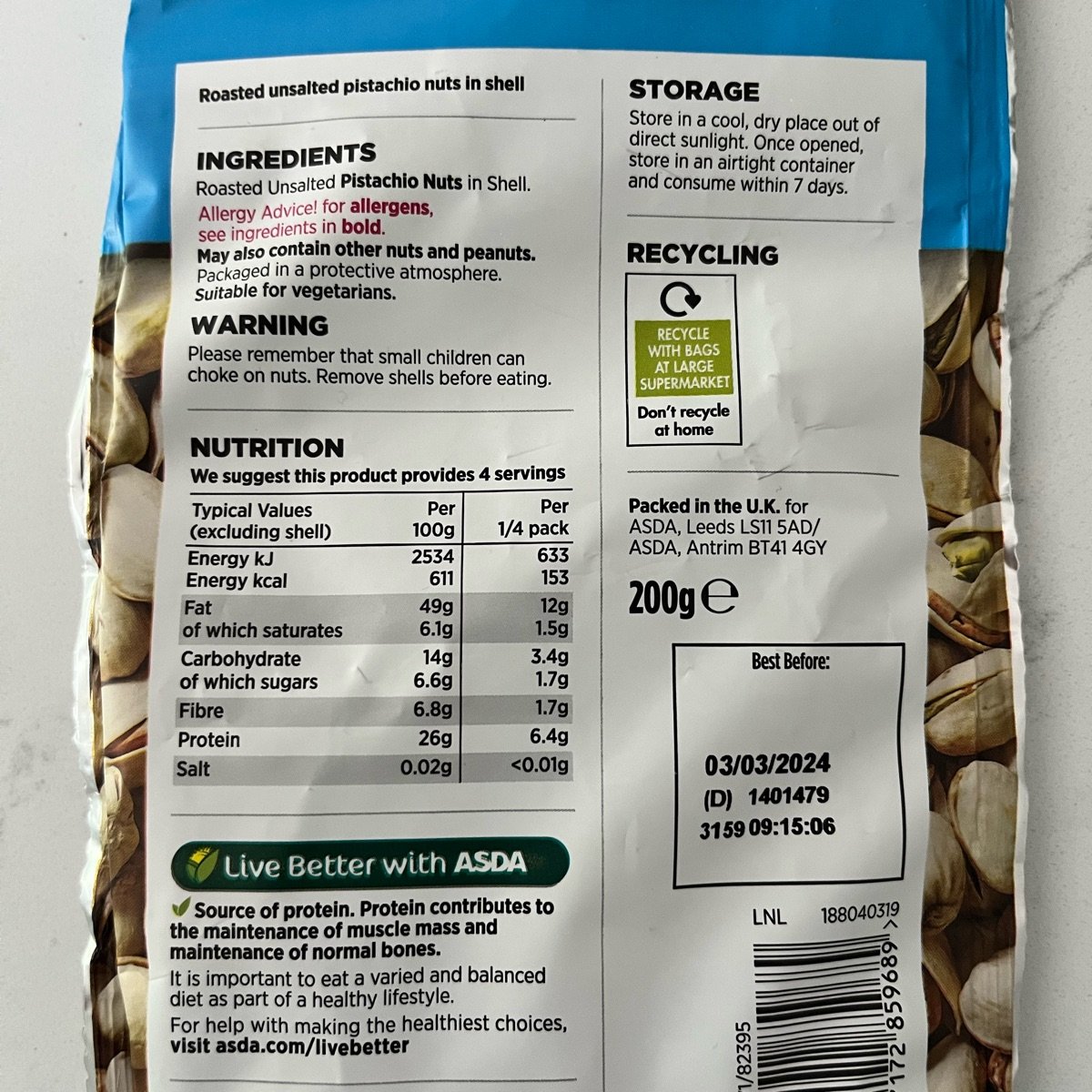 Pistachios In Shell Asda 200G