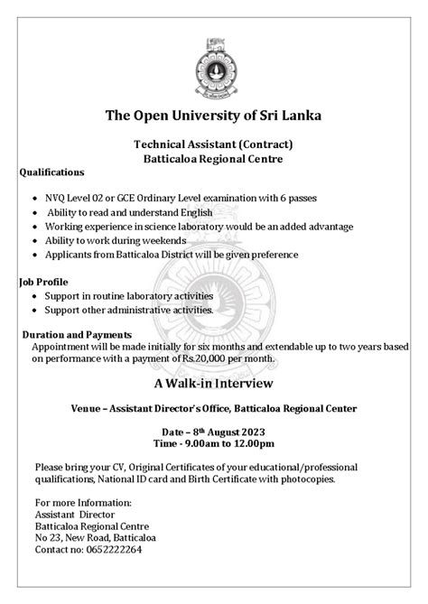 Post Of Technical Assistant Contract Batticaloa Regional Centre