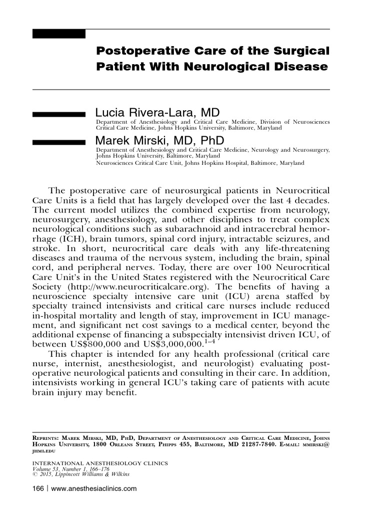 Postoperative Care The Neurosurgical Atlas