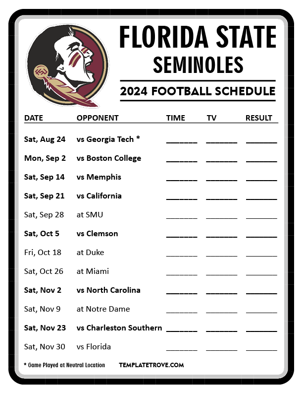 Printable 2019 Florida State Seminoles Football Schedule Florida