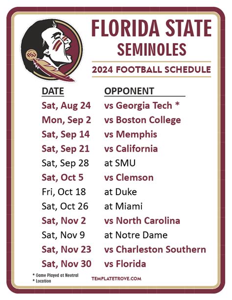 Printable 2024 Florida State Seminoles Football Schedule