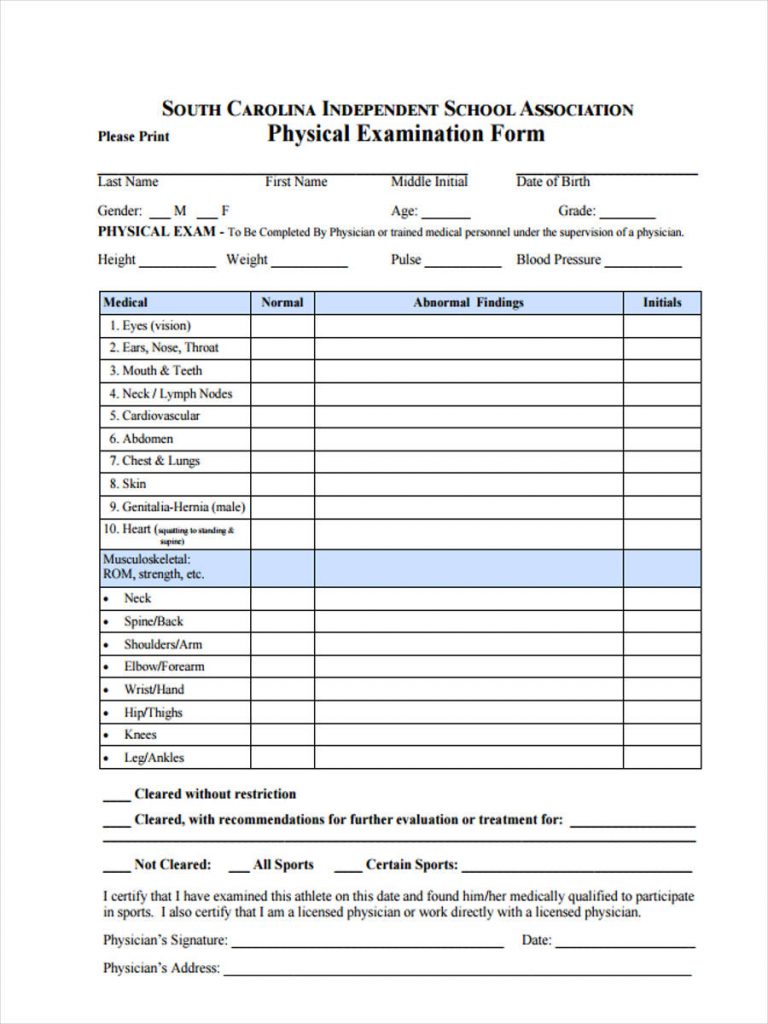 Printable Basic Physical Exam Form Pdf