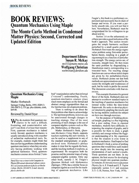 Quantum Mechanics Using Maple Mckay And Wolfgang Christian Citation