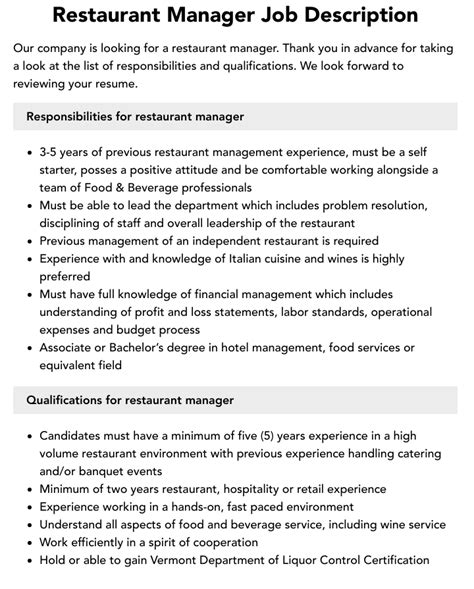 Restaurant Manager Job Description Mous Syusa