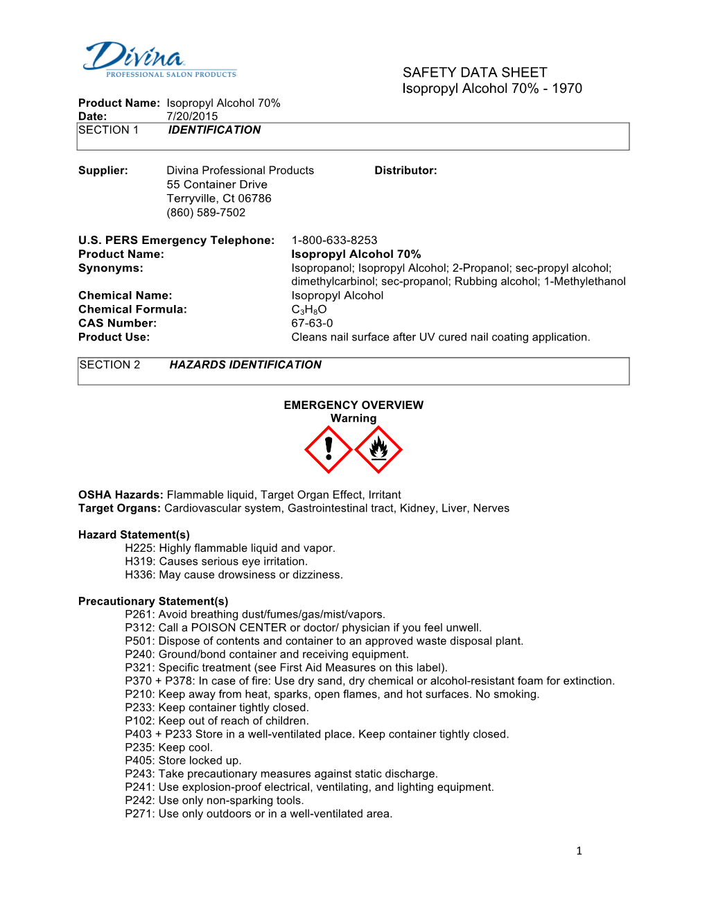 Safety Data Sheet Isopropyl Alcohol 70% - 1970 Product Name: Isopropyl ...