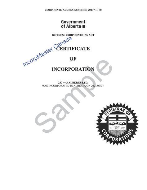 Sample Of Certificate Of Incorporation Alberta Incorpmaster