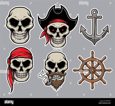 Set Of Jolly Roger Pirate Skull With Pirates Elements Anchor Rudder