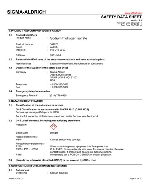 Sigma Aldrich Safety Data Sheet Sodium Hydrogen Sulfate