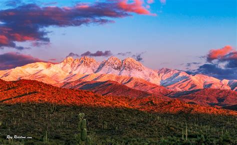 Snow Capped Four Peaks Mountain Range At Dusk Near Mesa Arizona Oc