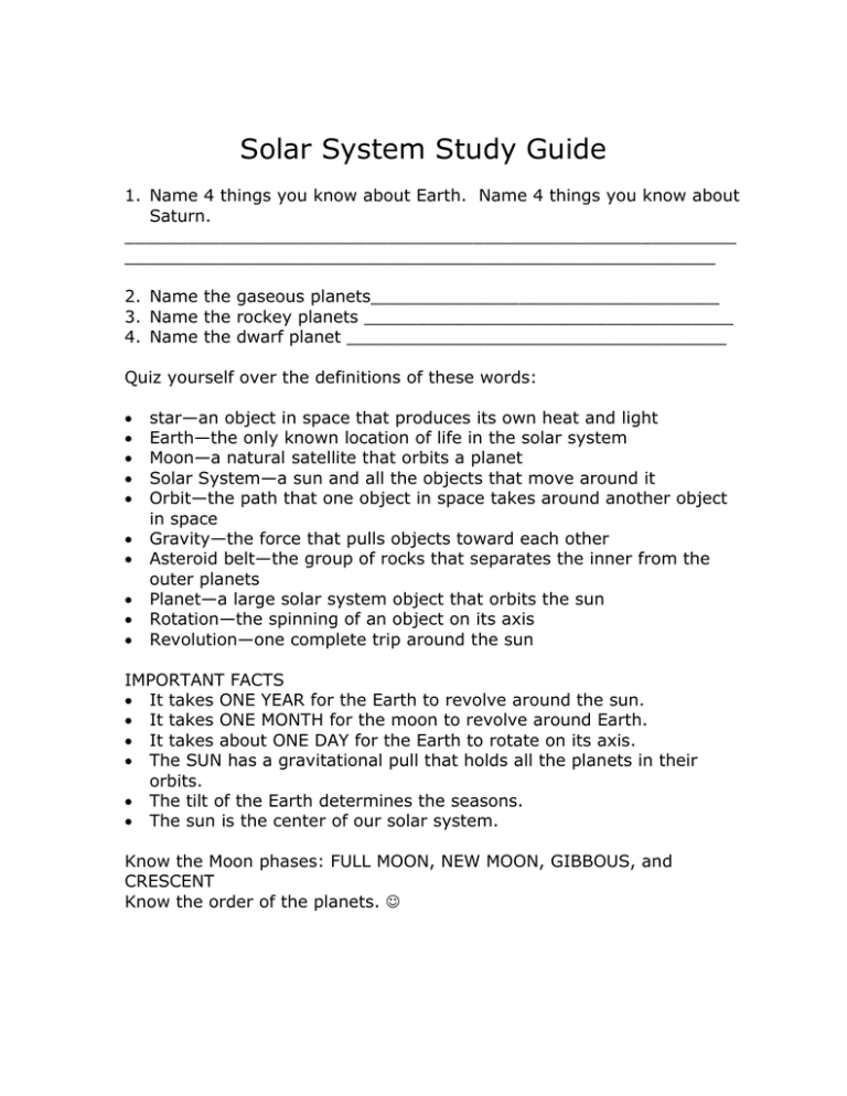 Solar System Study Guide Quick Reference Resource