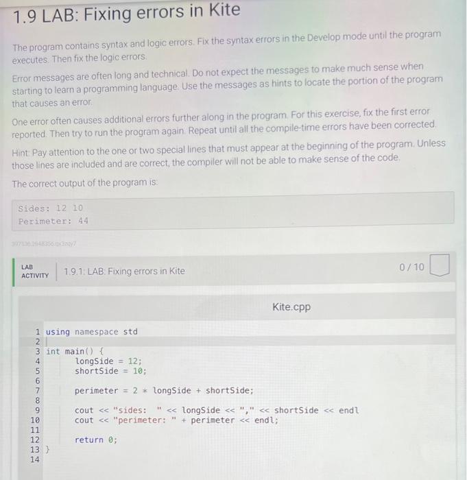 Solved 1 9 Lab Fixing Errors In Kite The Program Contai