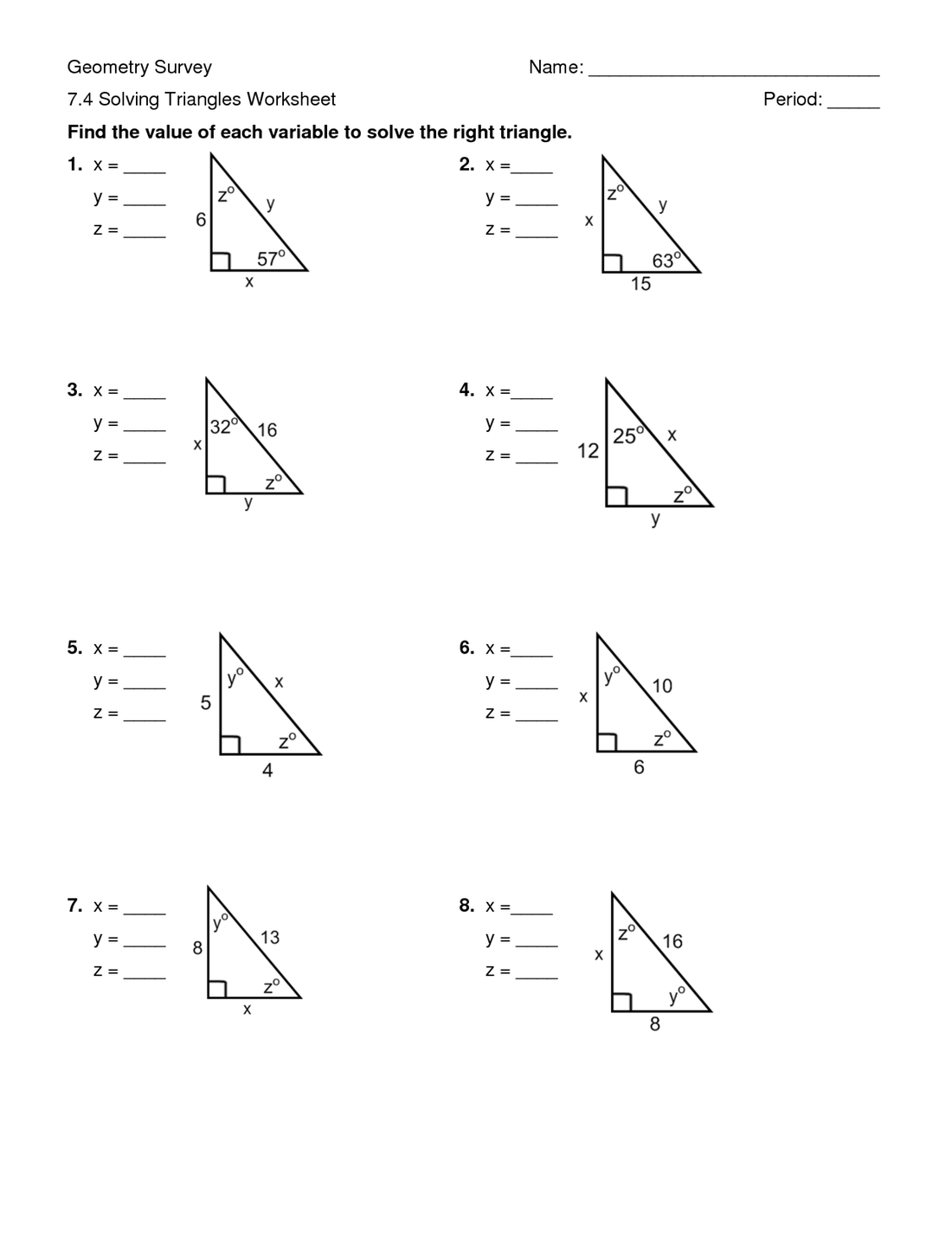 Solving Special Right Triangles Worksheet