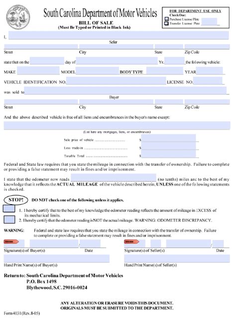 South Carolina Bill Of Sale Form For Dmv Car Boat Pdf Word