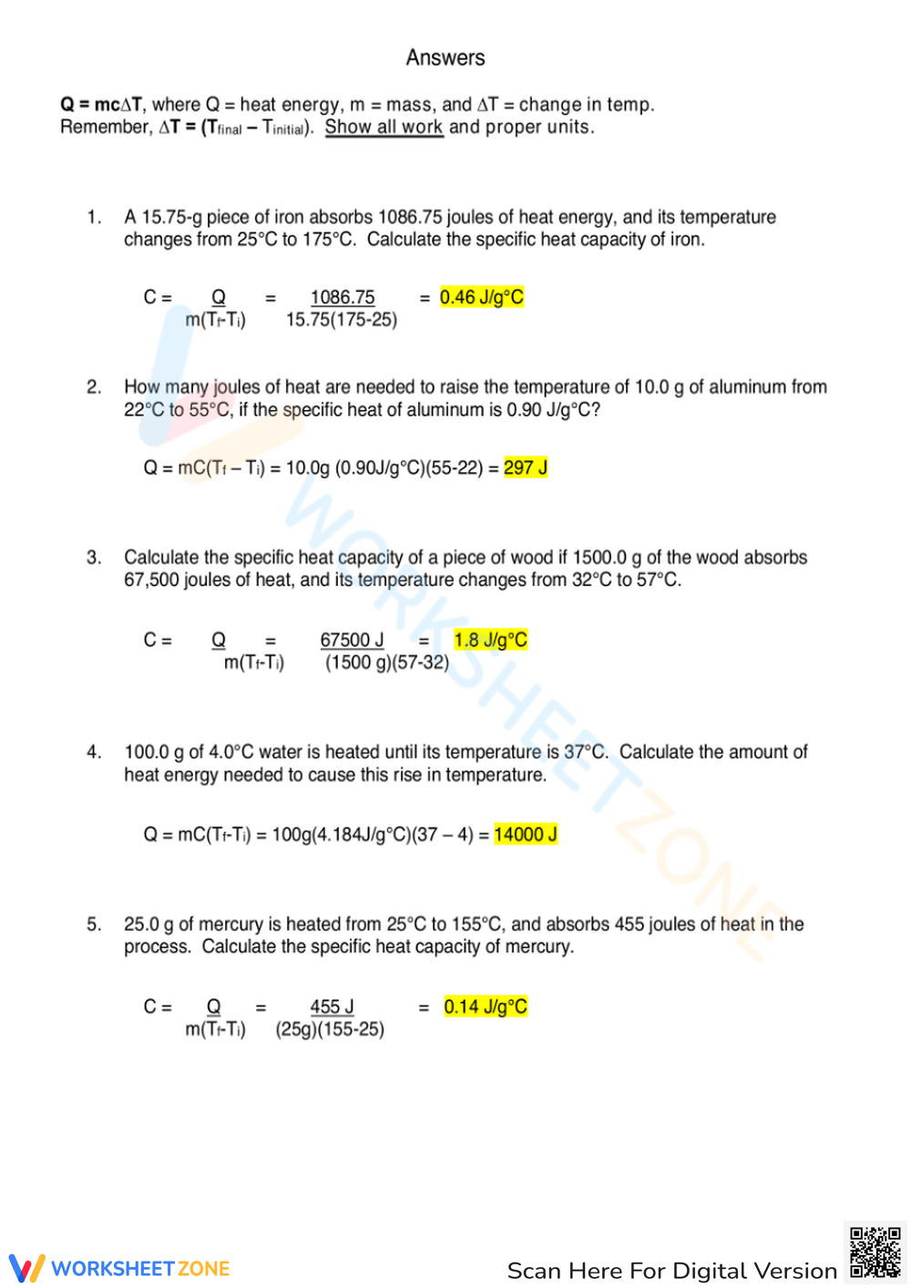 Specific Heat Worksheet Answers 1