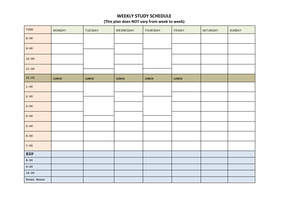 Study Schedule Template 5 Colours Instant Download Printable