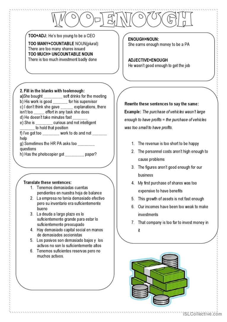 Too Too Much Too Many Enough Teaching English Grammar English