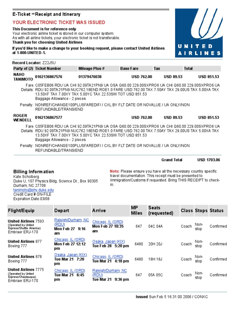 United Airlines E Receipt