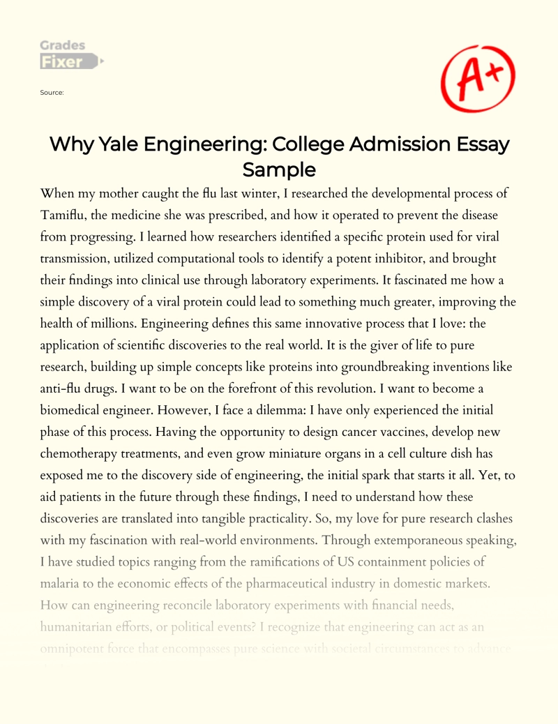 Why Yale Engineering Is A Perfect Choice For Me Admission Essay