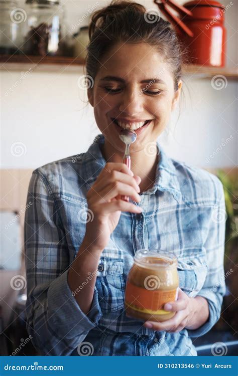 Woman Jar And Peanut Butter With Kitchen Smile And Person For Food