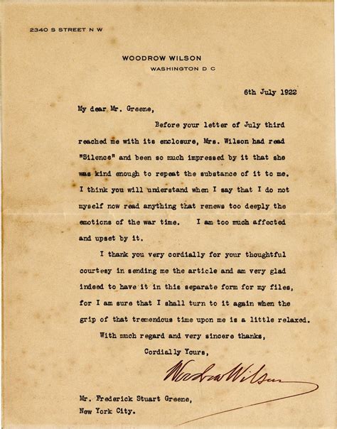 Woodrow Wilson Letter Wwi Life After His Stroke Shapell Manuscript