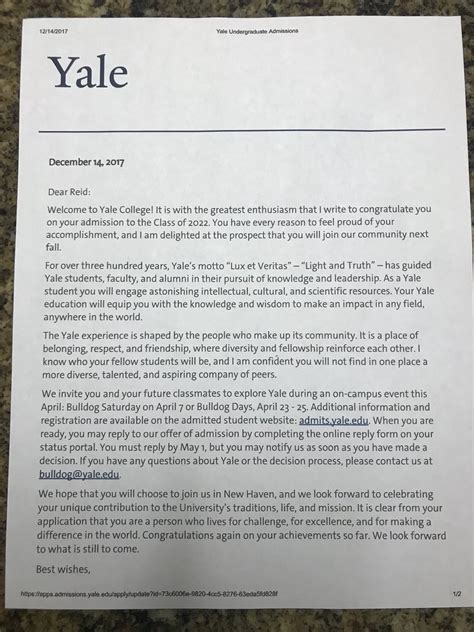 Yale Acceptance Letter