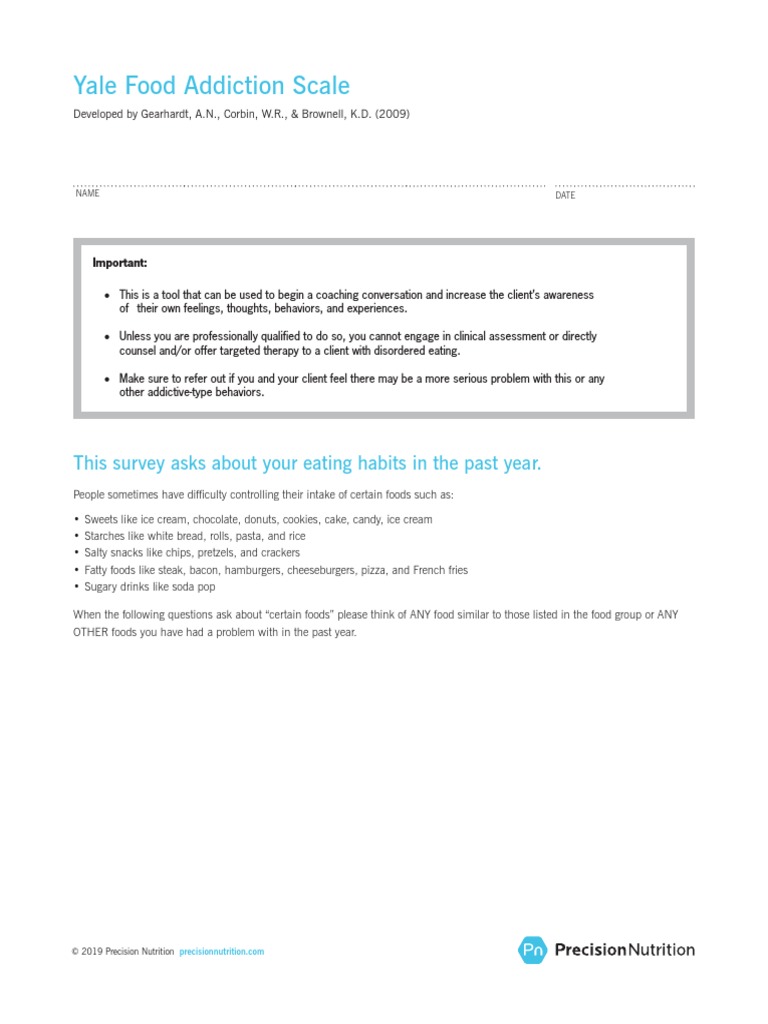 Yale Food Addiction Scale Form Fillable V4 2019 Coaches Pdf